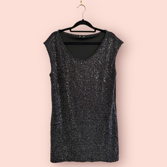 Express Black Sequin Sparkly Shift Mini Dress Large - Picture 1 of 8